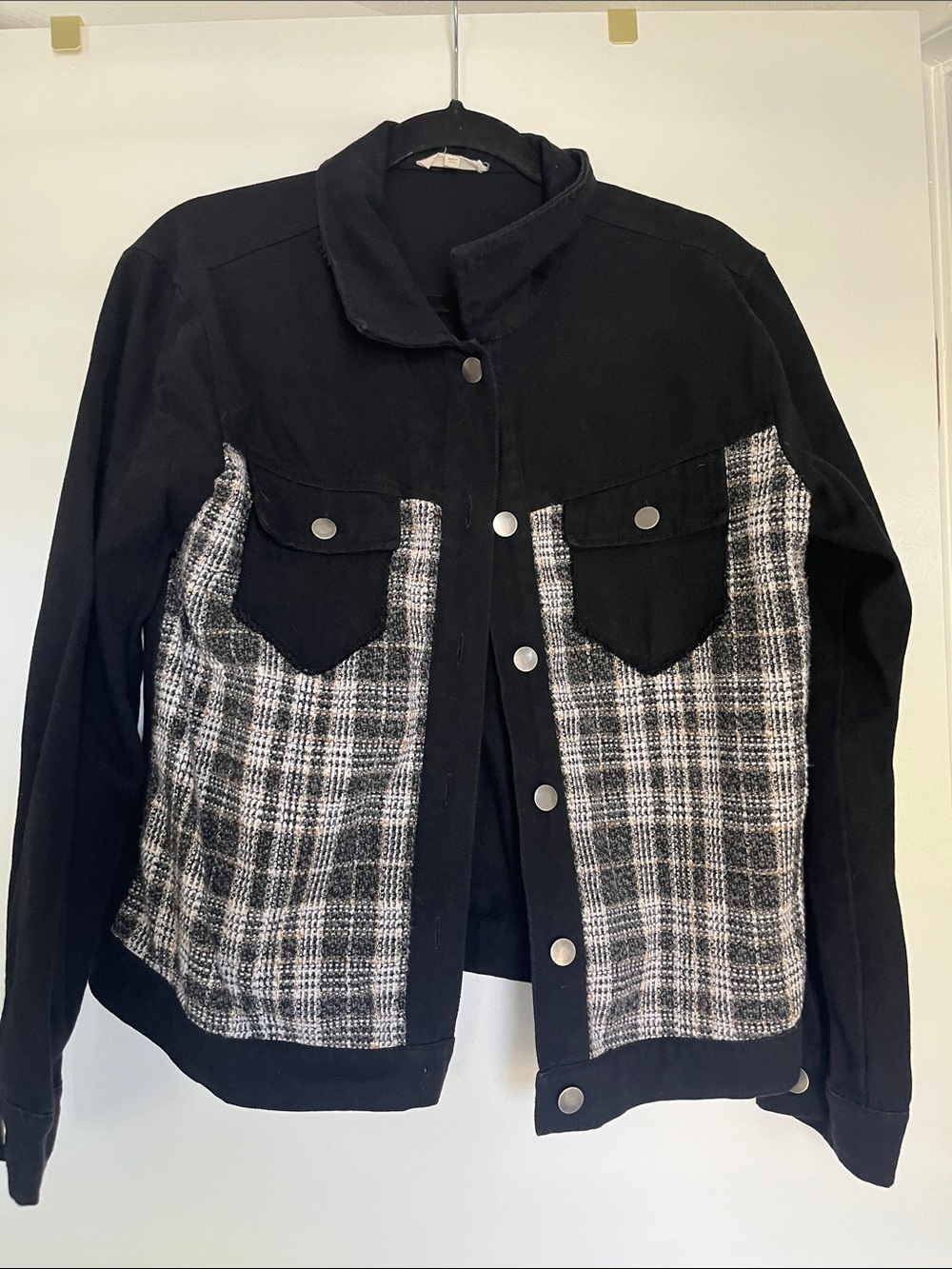 Mystree Black Jacket with Black-and-White Plaid Panels